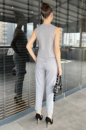 Kadın Düğme Detaylı Astarlı Yelek Pantolon İkili Takım