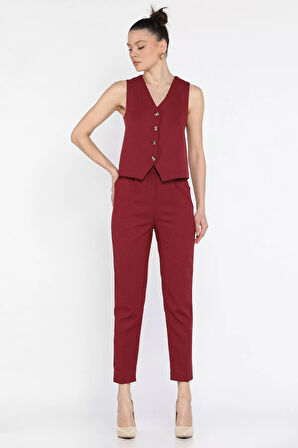 Kadın Düğme Detaylı Astarlı Yelek Pantolon İkili Takım