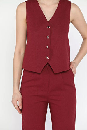 Kadın Düğme Detaylı Astarlı Yelek Pantolon İkili Takım