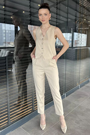 Kadın Düğme Detaylı Astarlı Yelek Pantolon İkili Takım