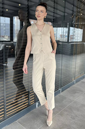 Kadın Düğme Detaylı Astarlı Yelek Pantolon İkili Takım