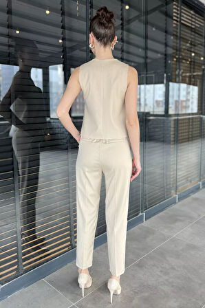 Kadın Düğme Detaylı Astarlı Yelek Pantolon İkili Takım