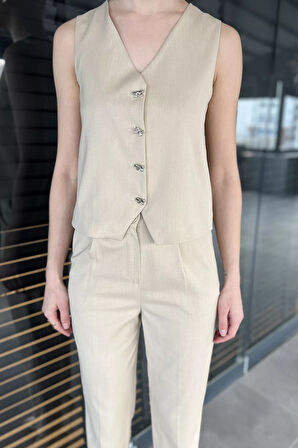 Kadın Düğme Detaylı Astarlı Yelek Pantolon İkili Takım