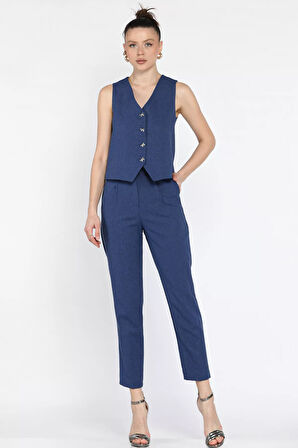 Kadın Düğme Detaylı Astarlı Yelek Pantolon İkili Takım