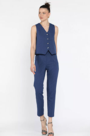 Kadın Düğme Detaylı Astarlı Yelek Pantolon İkili Takım