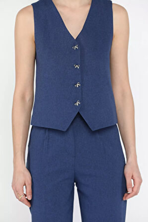 Kadın Düğme Detaylı Astarlı Yelek Pantolon İkili Takım