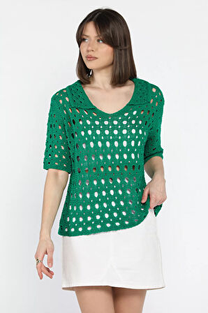 Kadın Polo Yaka Ajurlu Mevsimlik Triko Bluz