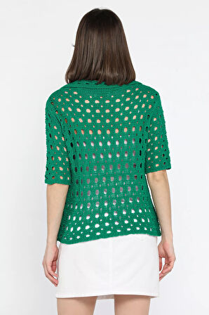 Kadın Polo Yaka Ajurlu Mevsimlik Triko Bluz