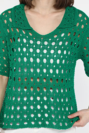 Kadın Polo Yaka Ajurlu Mevsimlik Triko Bluz