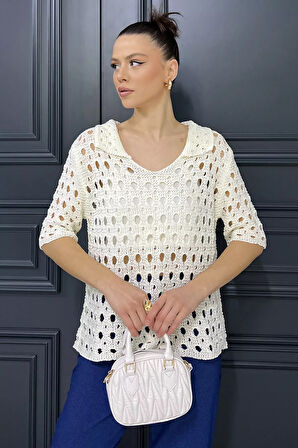 Kadın Polo Yaka Ajurlu Mevsimlik Triko Bluz