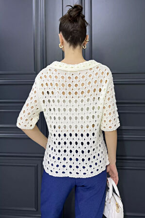 Kadın Polo Yaka Ajurlu Mevsimlik Triko Bluz