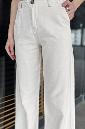 Kadın Yüksek Bel Palazzo Keten Pantolon