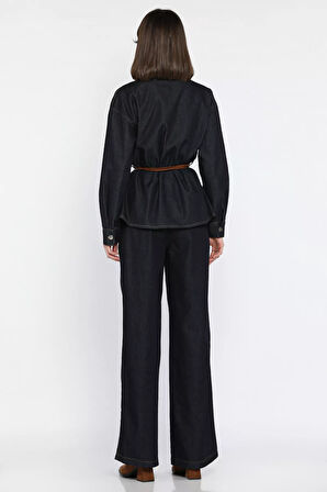 Bel Kemer Detaylı Gömlek Pantolon Jean Kot İkili Takım