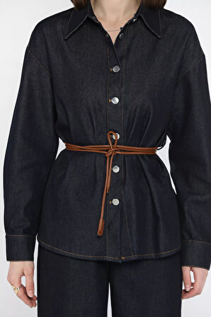 Bel Kemer Detaylı Gömlek Pantolon Jean Kot İkili Takım