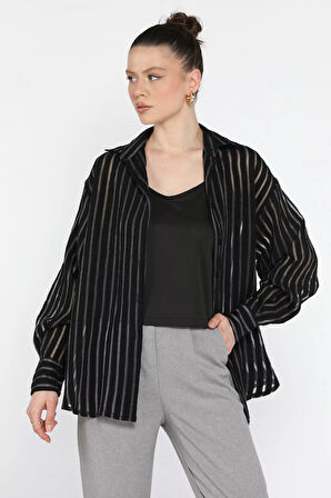 Kadın Çizgili Tül Detaylı İçlik Kombinli Gömlek