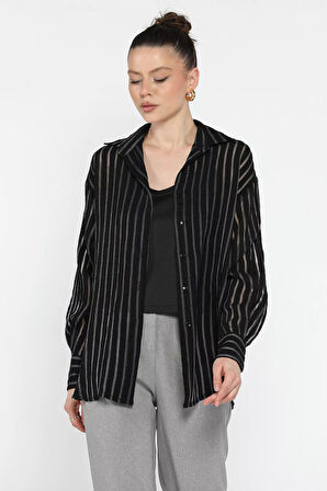 Kadın Çizgili Tül Detaylı İçlik Kombinli Gömlek