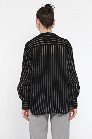 Kadın Çizgili Tül Detaylı İçlik Kombinli Gömlek