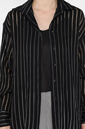 Kadın Çizgili Tül Detaylı İçlik Kombinli Gömlek