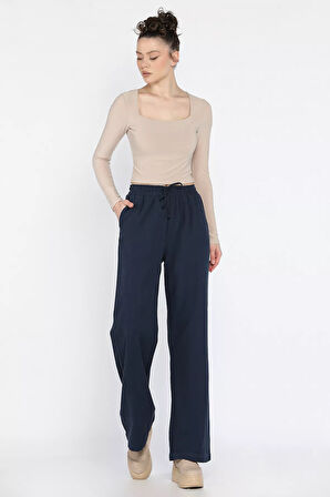 Kadın Yüksek Bel Palazzo Keten Pantolon