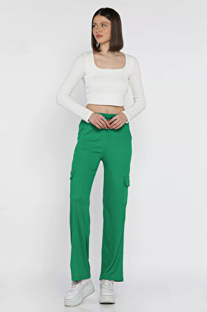 Kadın Bel Lastikli Bol Paça Kargo Cep Pantolon