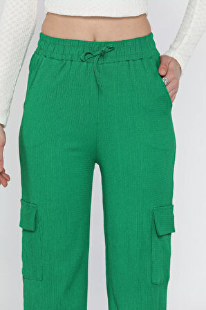 Kadın Bel Lastikli Bol Paça Kargo Cep Pantolon