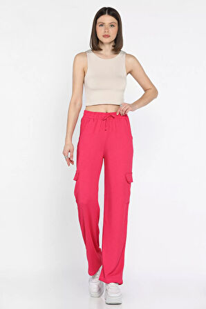 Kadın Bel Lastikli Bol Paça Kargo Cep Pantolon