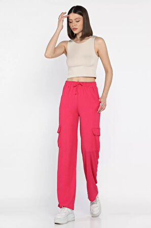 Kadın Bel Lastikli Bol Paça Kargo Cep Pantolon