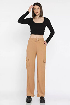 Kadın Bel Lastikli Bol Paça Kargo Cep Pantolon