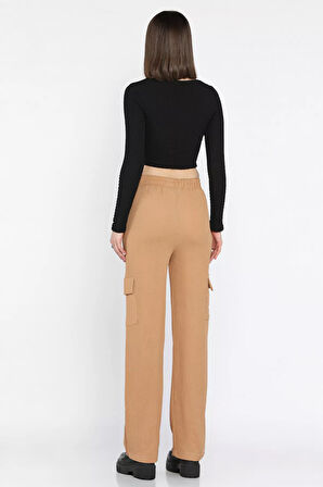 Kadın Bel Lastikli Bol Paça Kargo Cep Pantolon