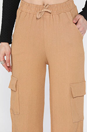 Kadın Bel Lastikli Bol Paça Kargo Cep Pantolon