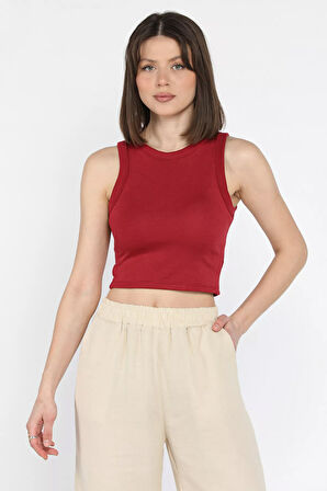 Kadın Bisiklet Yaka Sıfır Kol Crop Top Bluz