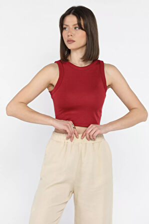 Kadın Bisiklet Yaka Sıfır Kol Crop Top Bluz