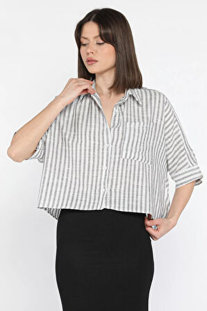 Kadın Tek Cepli Çizgi Desenli Oversize Gömlek