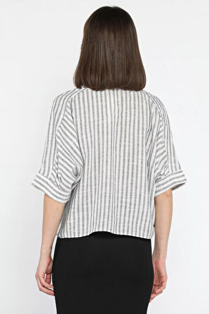 Kadın Tek Cepli Çizgi Desenli Oversize Gömlek