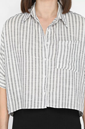 Kadın Tek Cepli Çizgi Desenli Oversize Gömlek