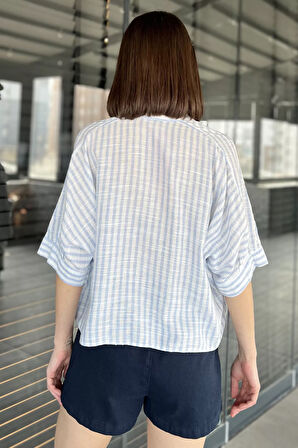 Kadın Tek Cepli Çizgi Desenli Oversize Gömlek