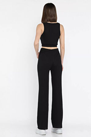 Kadın Sıfır Kol Crop Top Bluz Pantolon İkili Takım