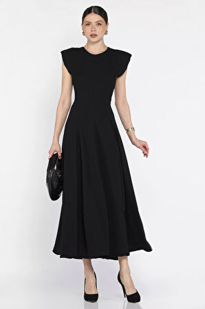 Kadın Omuz Vatkalı Bel Bağcıklı Sıfır Kol Elbise