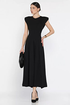 Kadın Omuz Vatkalı Bel Bağcıklı Sıfır Kol Elbise