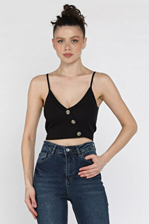 Kadın İp Askılı Asimetrik Düğmeli Pedli Fitilli Büstiyer