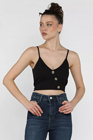 Kadın İp Askılı Asimetrik Düğmeli Pedli Fitilli Büstiyer