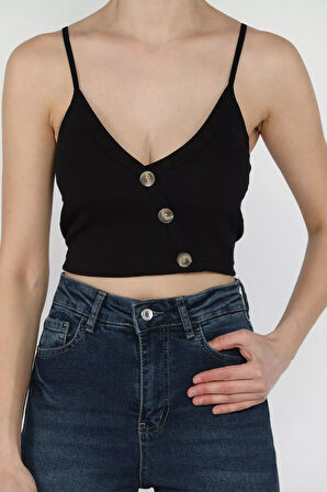 Kadın İp Askılı Asimetrik Düğmeli Pedli Fitilli Büstiyer