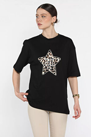 Kadın Bisiklet Yaka Leopar Baskı Detaylı Tişört