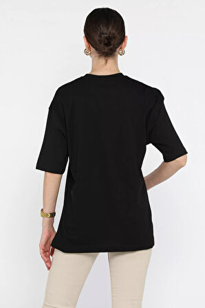 Kadın Bisiklet Yaka Leopar Baskı Detaylı Tişört