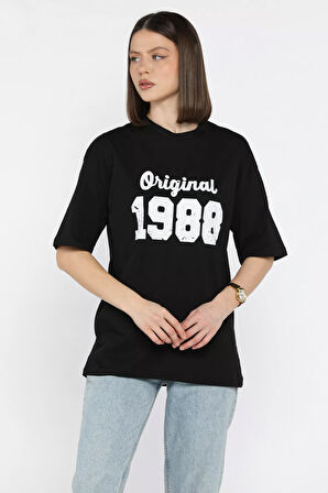 Kadın Ön Baskılı Bisiklet Yaka Oversize Tişört