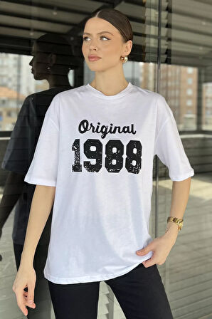 Kadın Ön Baskılı Bisiklet Yaka Oversize Tişört