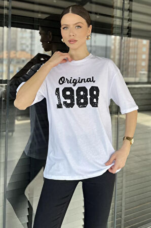 Kadın Ön Baskılı Bisiklet Yaka Oversize Tişört