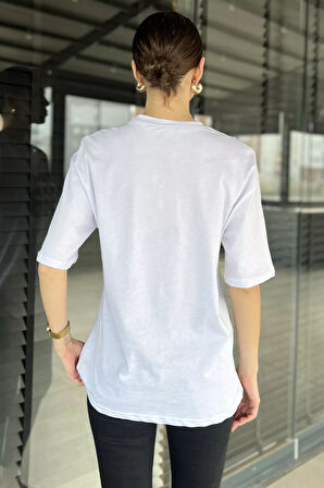 Kadın Ön Baskılı Bisiklet Yaka Oversize Tişört