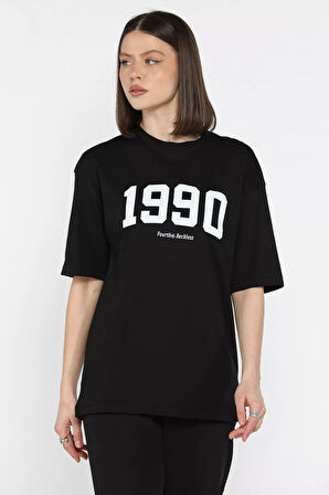 Kadın Ön Baskılı Oversize Bisiklet Yaka Tişört