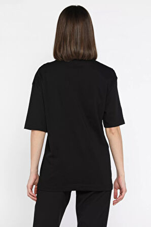 Kadın Ön Baskılı Oversize Bisiklet Yaka Tişört